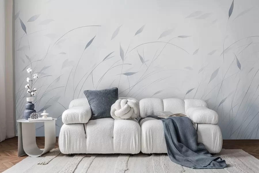 murais de parede Grama ao vento em estilo aquarela em tons de azul w09331v2