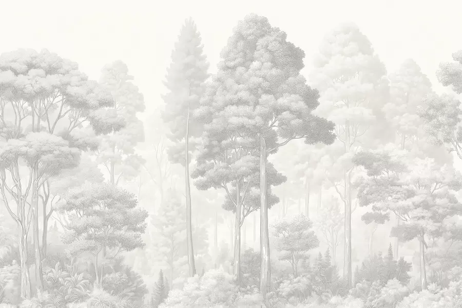 murais de parede Paisagem florestal artística na técnica de hachura gráfica em preto e branco w09411