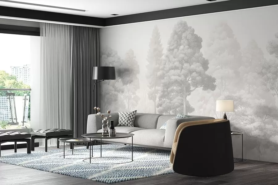 murais de parede Paisagem florestal artística na técnica de hachura gráfica em preto e branco w09411