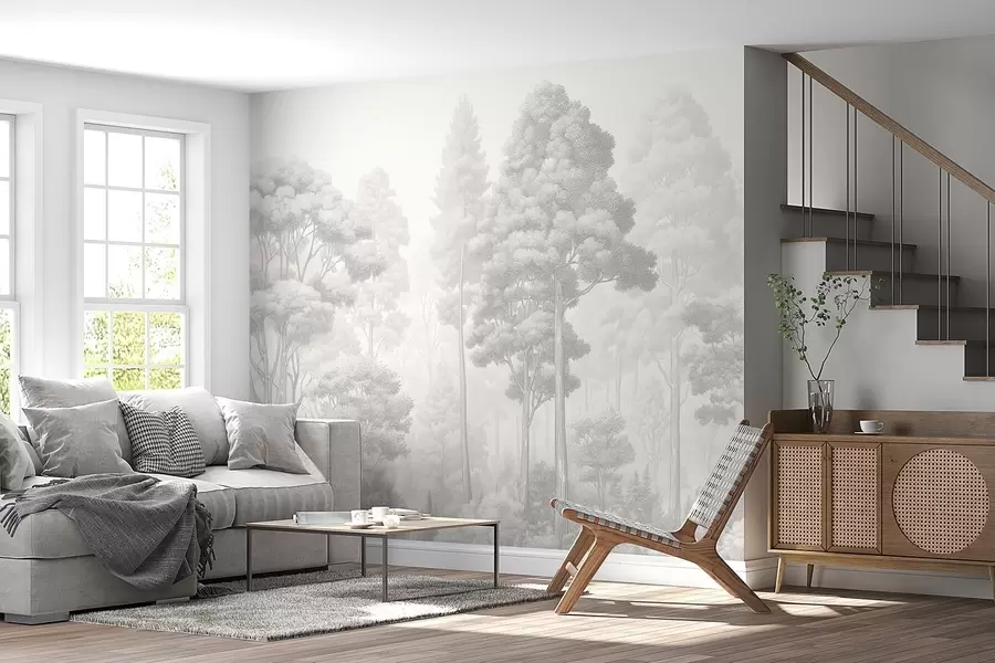 murais de parede Paisagem florestal artística na técnica de hachura gráfica em preto e branco w09411