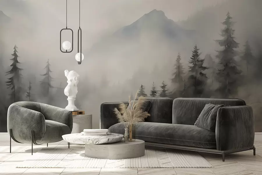 murais de parede Floresta na neblina com as montanhas ao fundo w04493