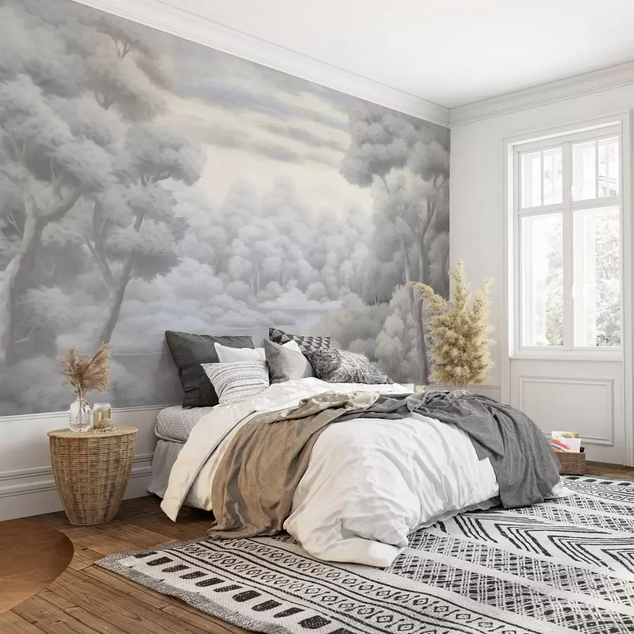 murais de parede Floresta enevoada e lago em tons suaves de cinza w04617