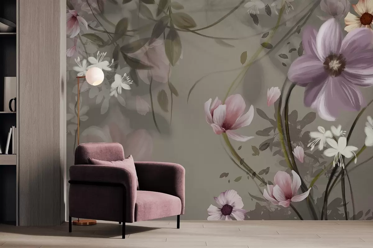 murais de parede Flores rosa e brancas com caules e folhas marrons, iluminação suave, cores suaves, arranjo floral w09417