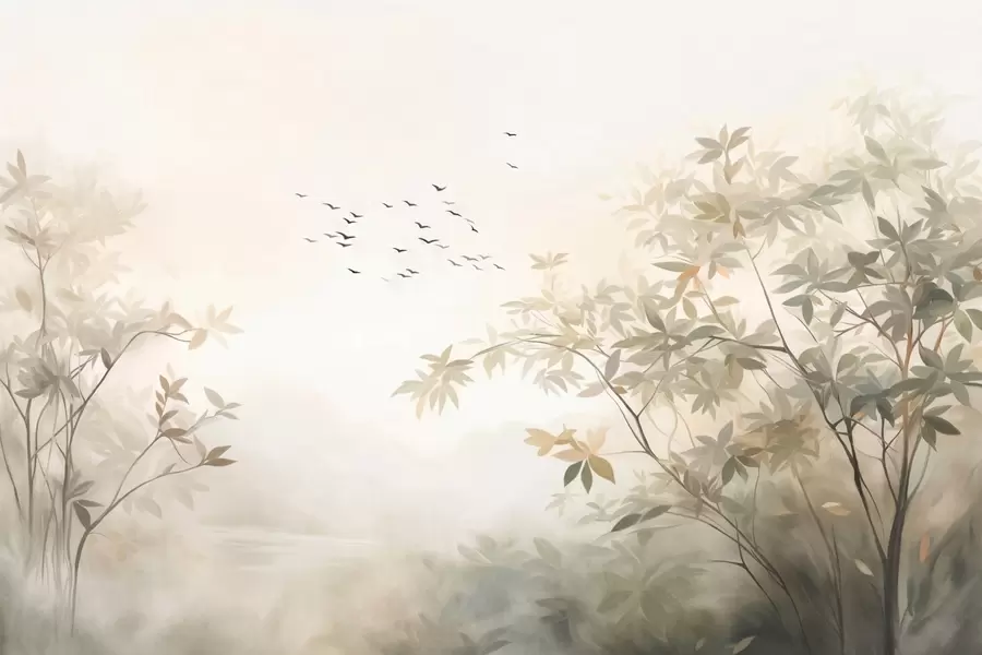 murais de parede Paisagem texturizada com árvores e um bando de pássaros voando no céu, cores pastéis, cena da natureza  w09418