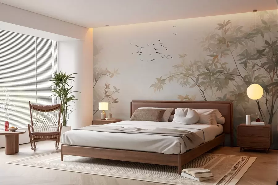 murais de parede Paisagem texturizada com árvores e um bando de pássaros voando no céu, cores pastéis, cena da natureza  w09418