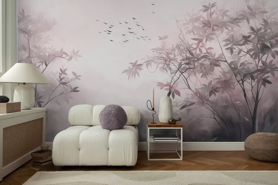 murais de parede Paisagem texturizada com árvores e um bando de pássaros voando no céu, cores pastéis, cena da natureza w09418v1