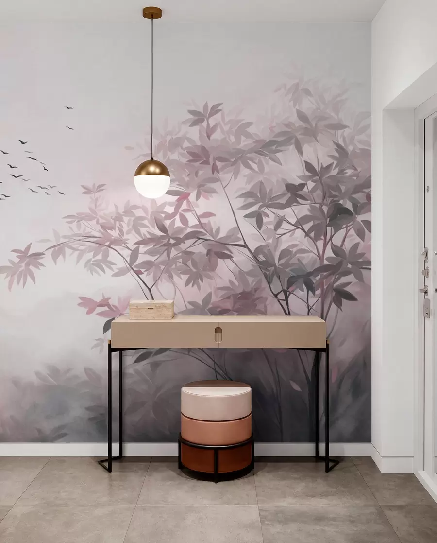 murais de parede Paisagem texturizada com árvores e um bando de pássaros voando no céu, cores pastéis, cena da natureza w09418v1