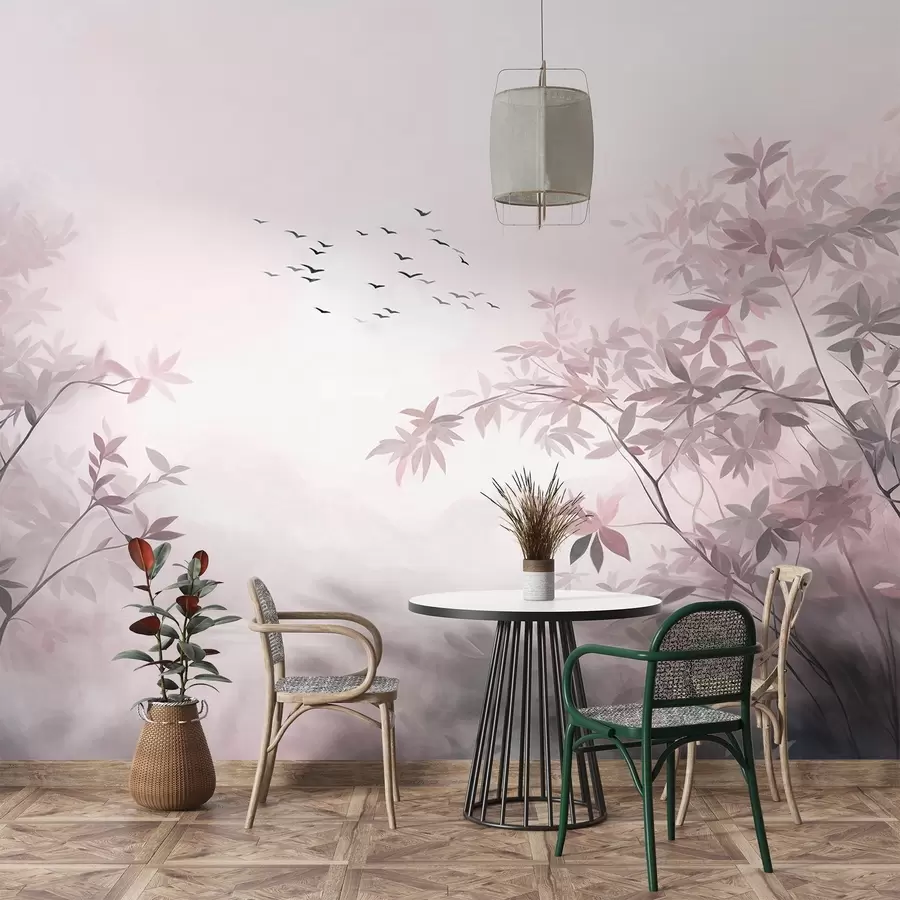 murais de parede Paisagem texturizada com árvores e um bando de pássaros voando no céu, cores pastéis, cena da natureza w09418v1
