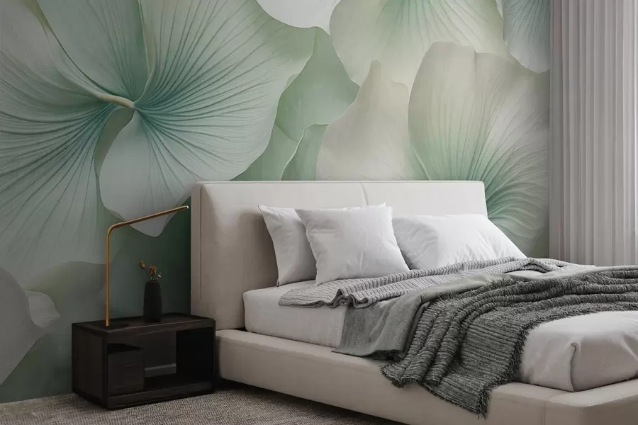 murais de parede Folhas de ginkgo brancas e verdes, textura suave, fundo floral abstrato, estilo moderno minimalista w09421