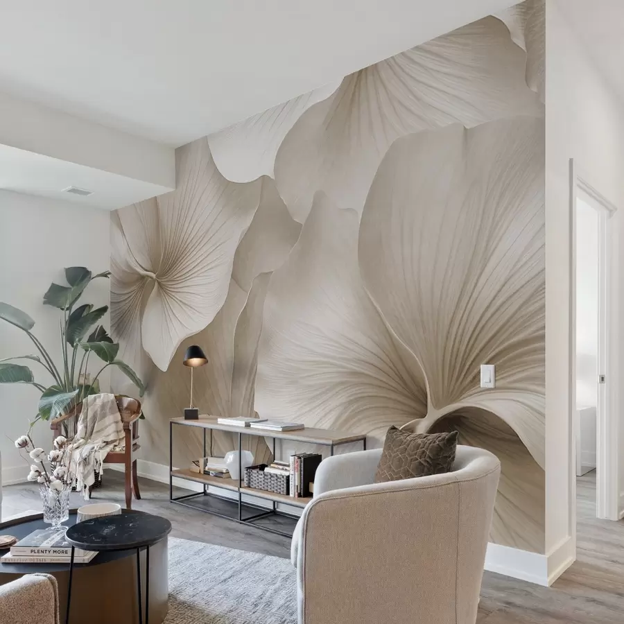 murais de parede Folhas de ginkgo brancas e bege, textura suave, fundo floral abstrato, estilo minimalista moderno w09421v1