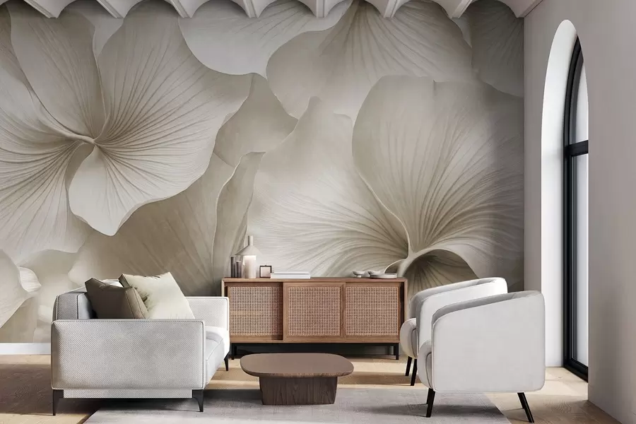 murais de parede Folhas de ginkgo brancas e bege, textura suave, fundo floral abstrato, estilo minimalista moderno w09421v1