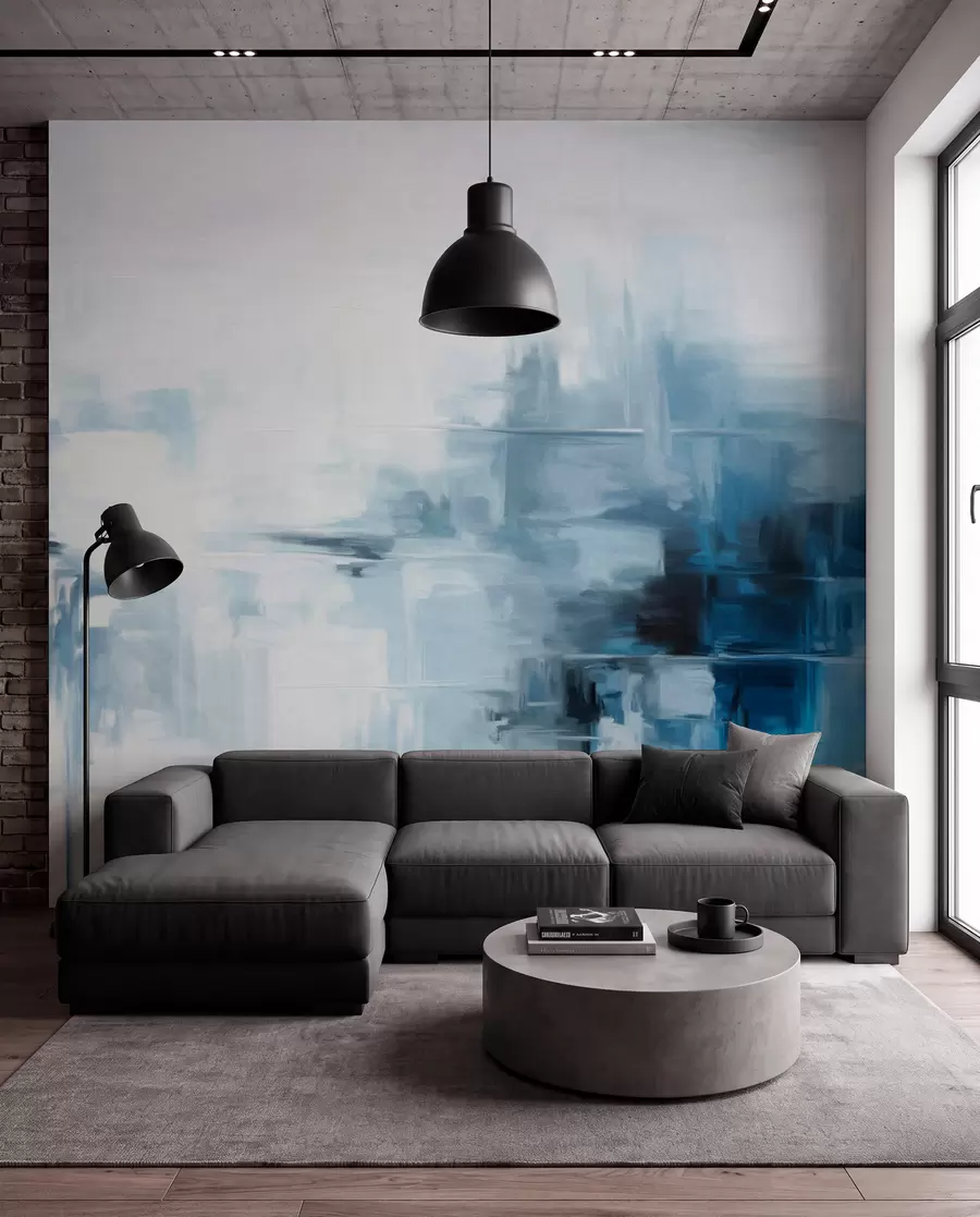 murais de parede Imitação de pintura paisagística abstrata texturizada com pinceladas azuis e brancas, estilo moderno w09422