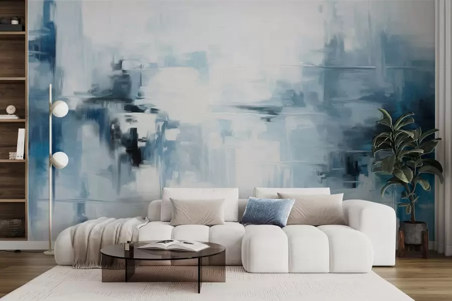 murais de parede Imitação de pintura paisagística abstrata texturizada com pinceladas azuis e brancas, estilo moderno w09422