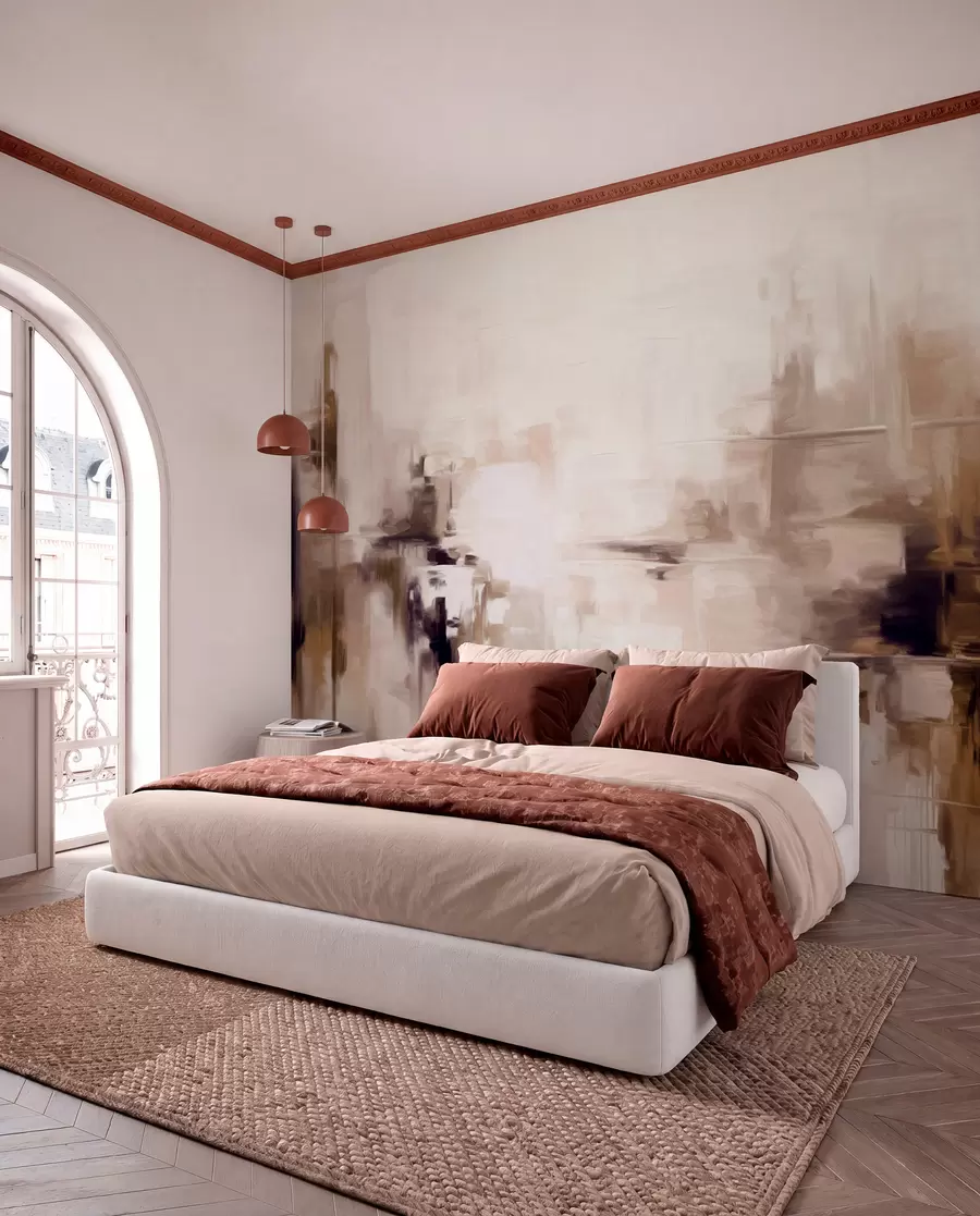 murais de parede Imitação de pintura paisagística abstrata texturizada com pinceladas em tons de marrom e branco, estilo moderno w09422v1
