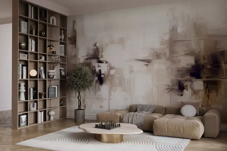 murais de parede Imitação de pintura paisagística abstrata texturizada com pinceladas em tons de marrom e branco, estilo moderno w09422v1
