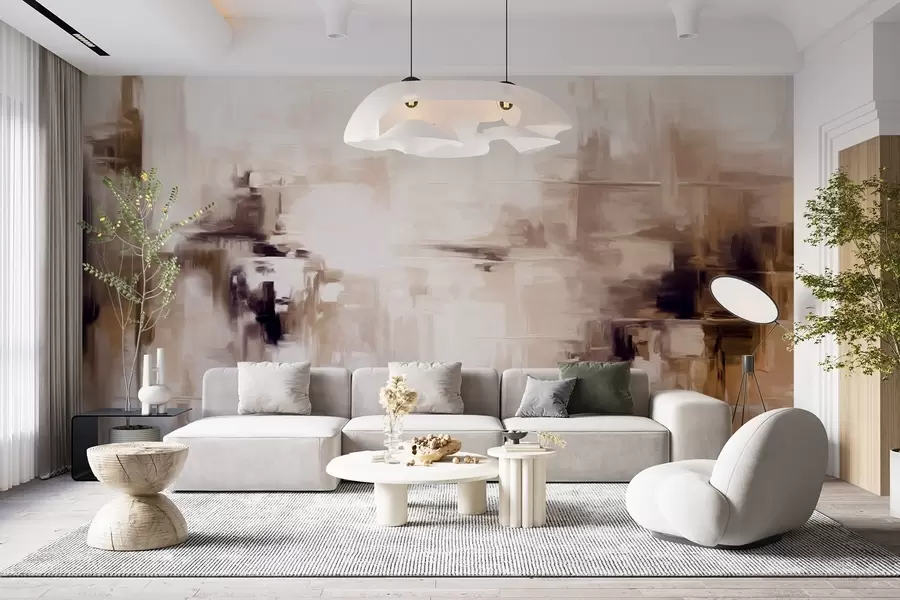 murais de parede Imitação de pintura paisagística abstrata texturizada com pinceladas em tons de marrom e branco, estilo moderno w09422v1