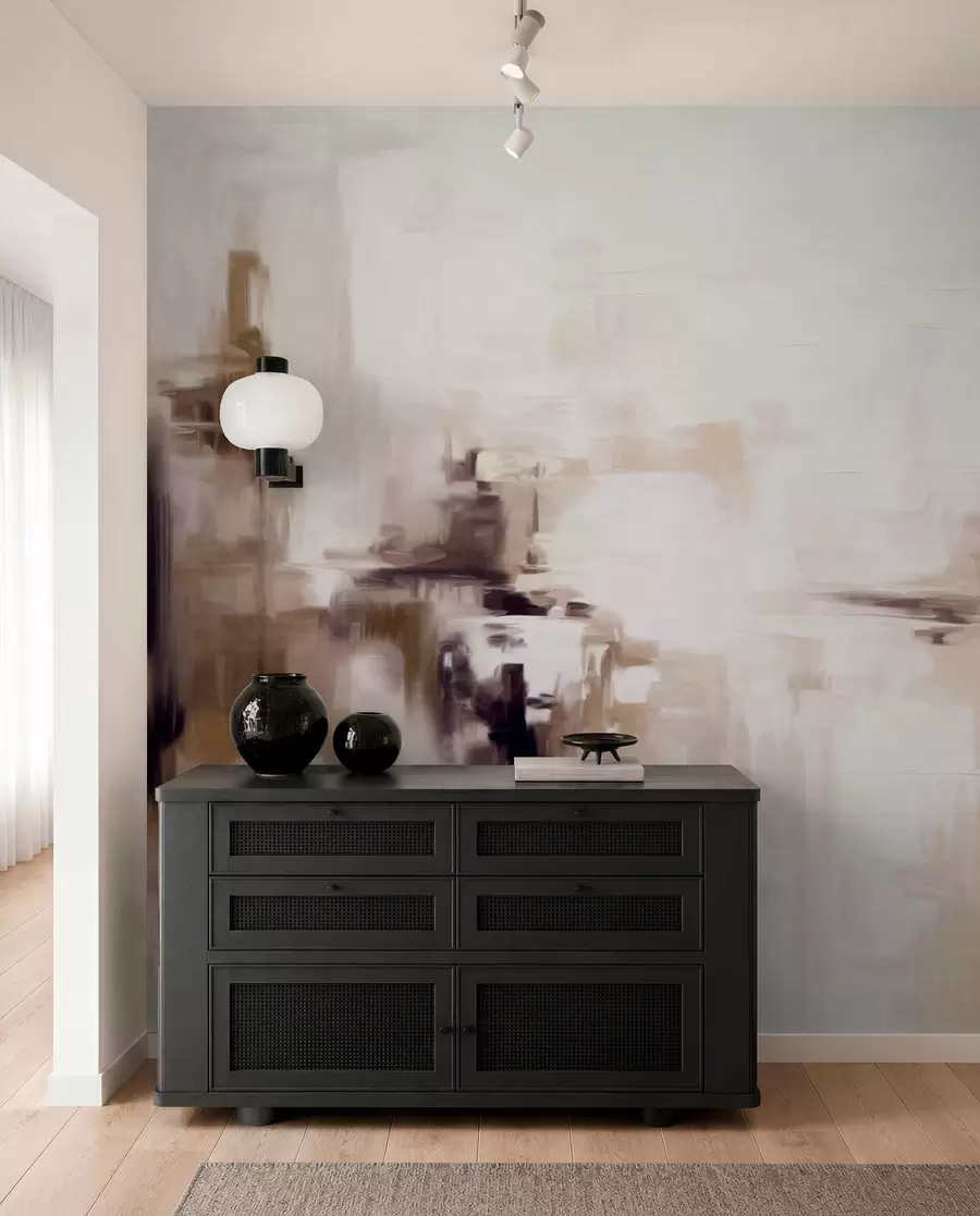 murais de parede Imitação de pintura paisagística abstrata texturizada com pinceladas em tons de marrom e branco, estilo moderno w09422v1