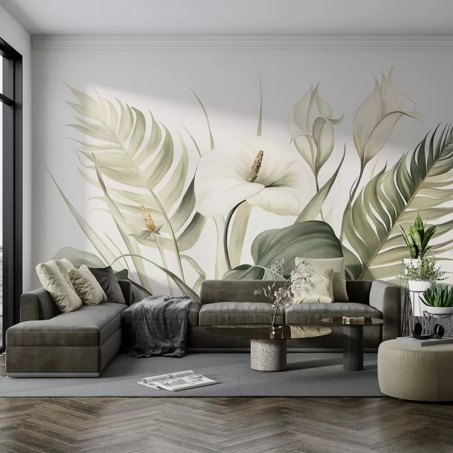 murais de parede Calla lilies brancas e folhas tropicais verdes, ilustração botânica, fundo claro, estilo vintage, texturizado w09423