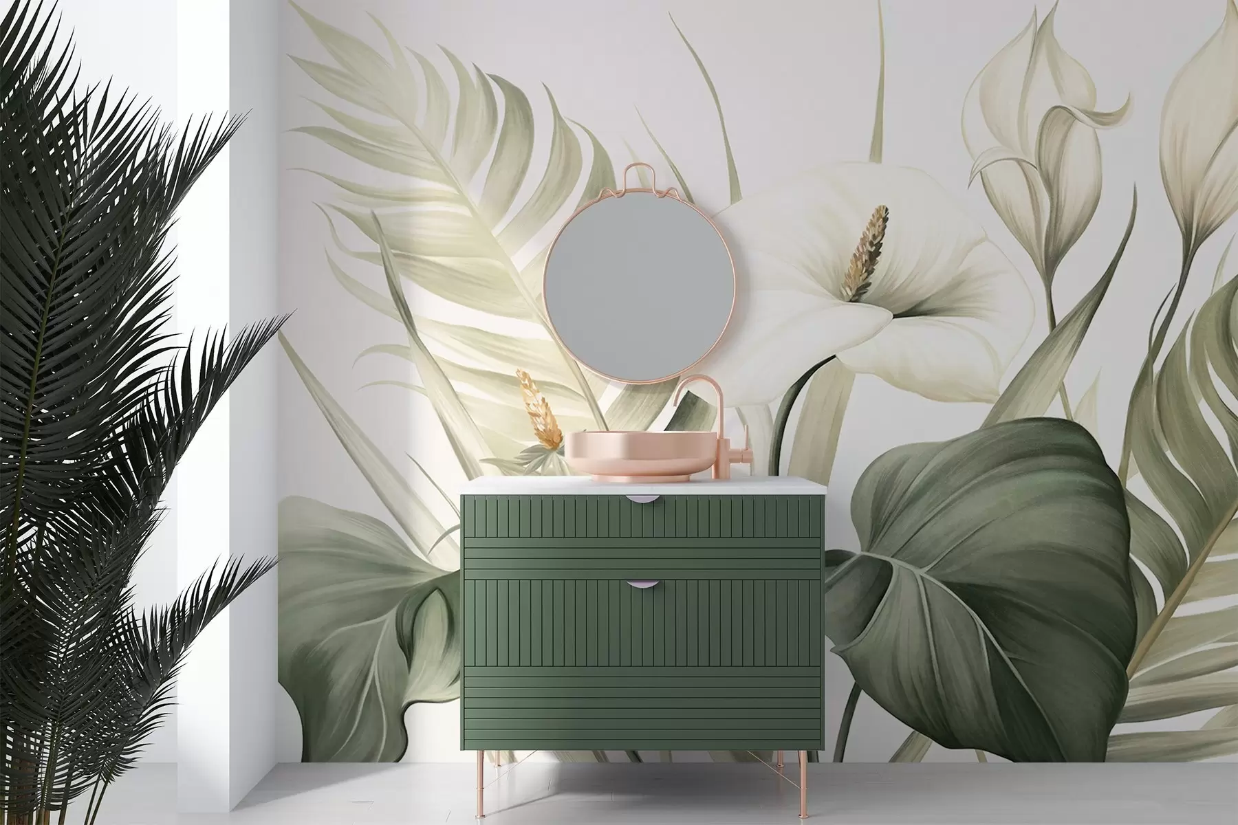 murais de parede Calla lilies brancas e folhas tropicais verdes, ilustração botânica, fundo claro, estilo vintage, texturizado w09423