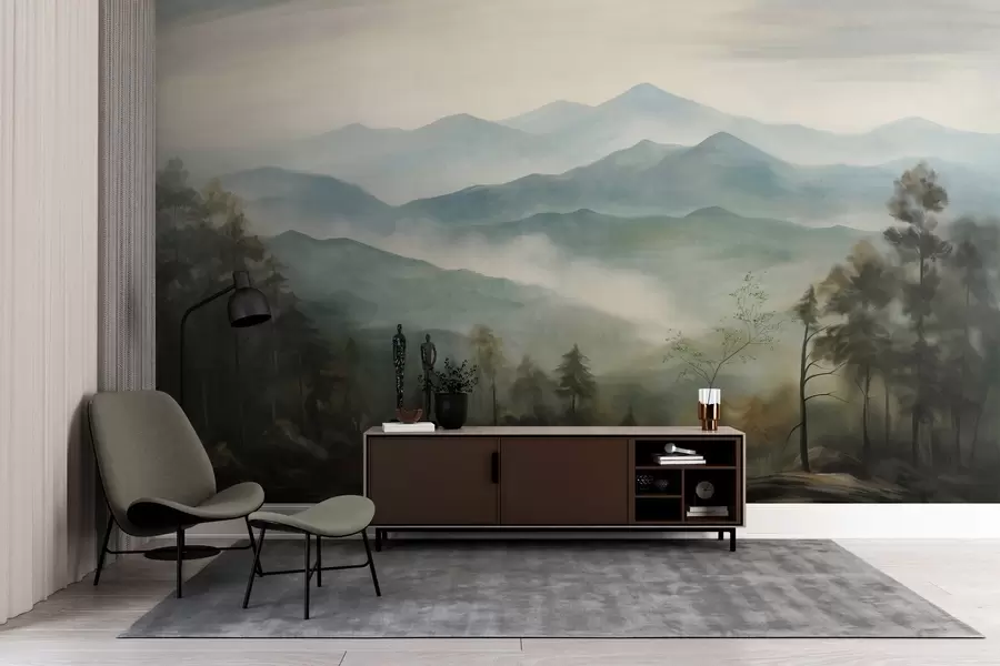 murais de parede Cordilheira enevoada com árvores, neblina, céu nublado, cores suaves, estilo de pintura paisagística w09424