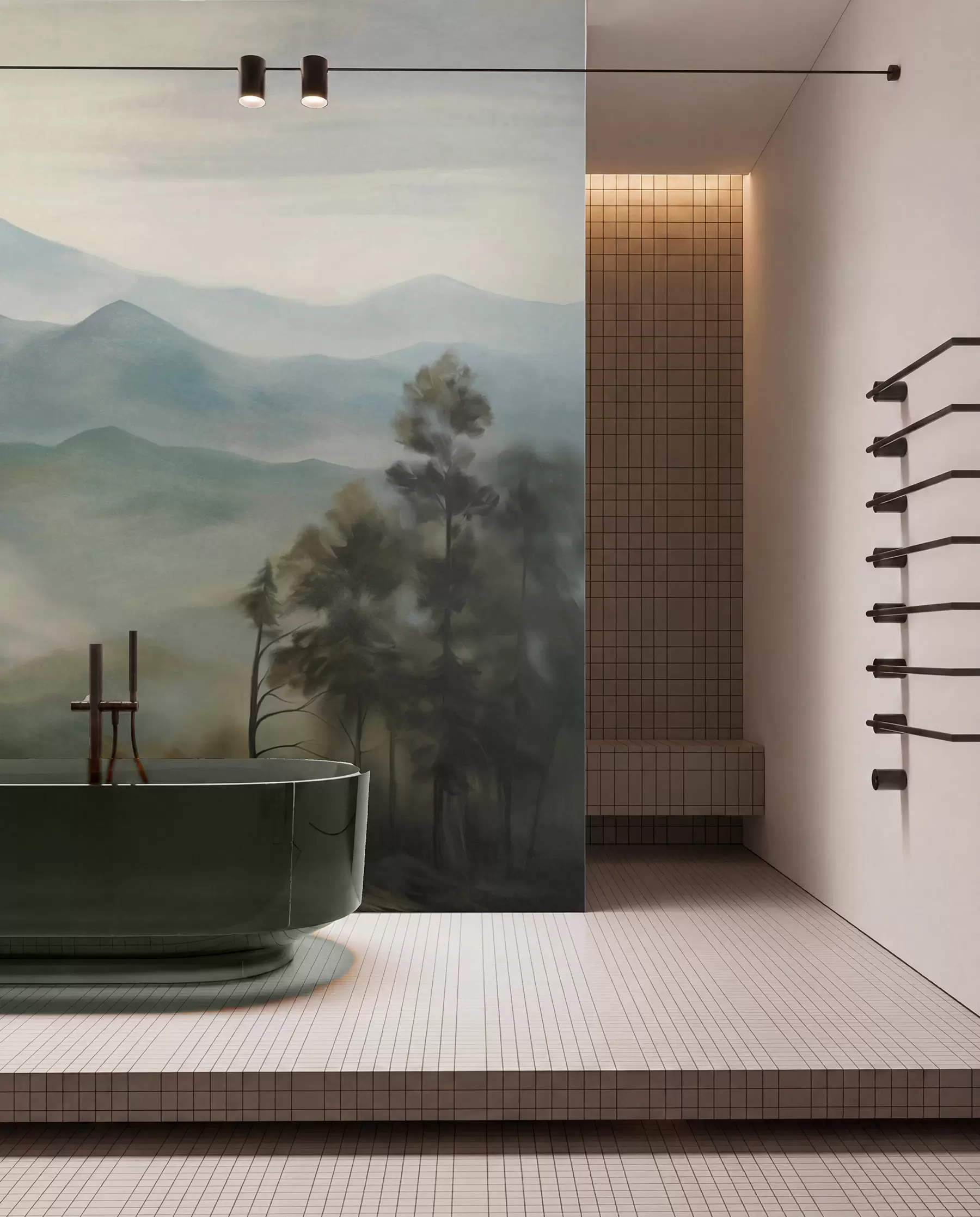 murais de parede Cordilheira enevoada com árvores, neblina, céu nublado, cores suaves, estilo de pintura paisagística w09424