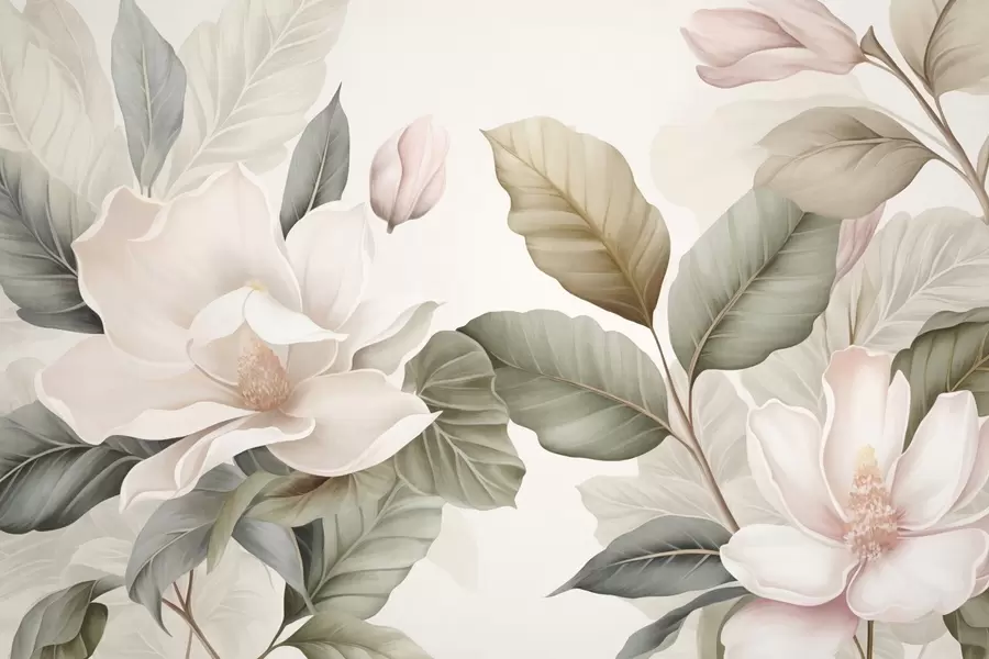 murais de parede Flores de magnólia com folhas em tons pastel, branco, rosa e verde, suaves, delicadas, estilo aquarela w09427