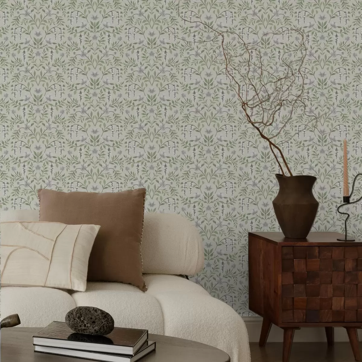 Papel de parede Ornamento leve em forma de videira com flores brancas, simétrico a00609