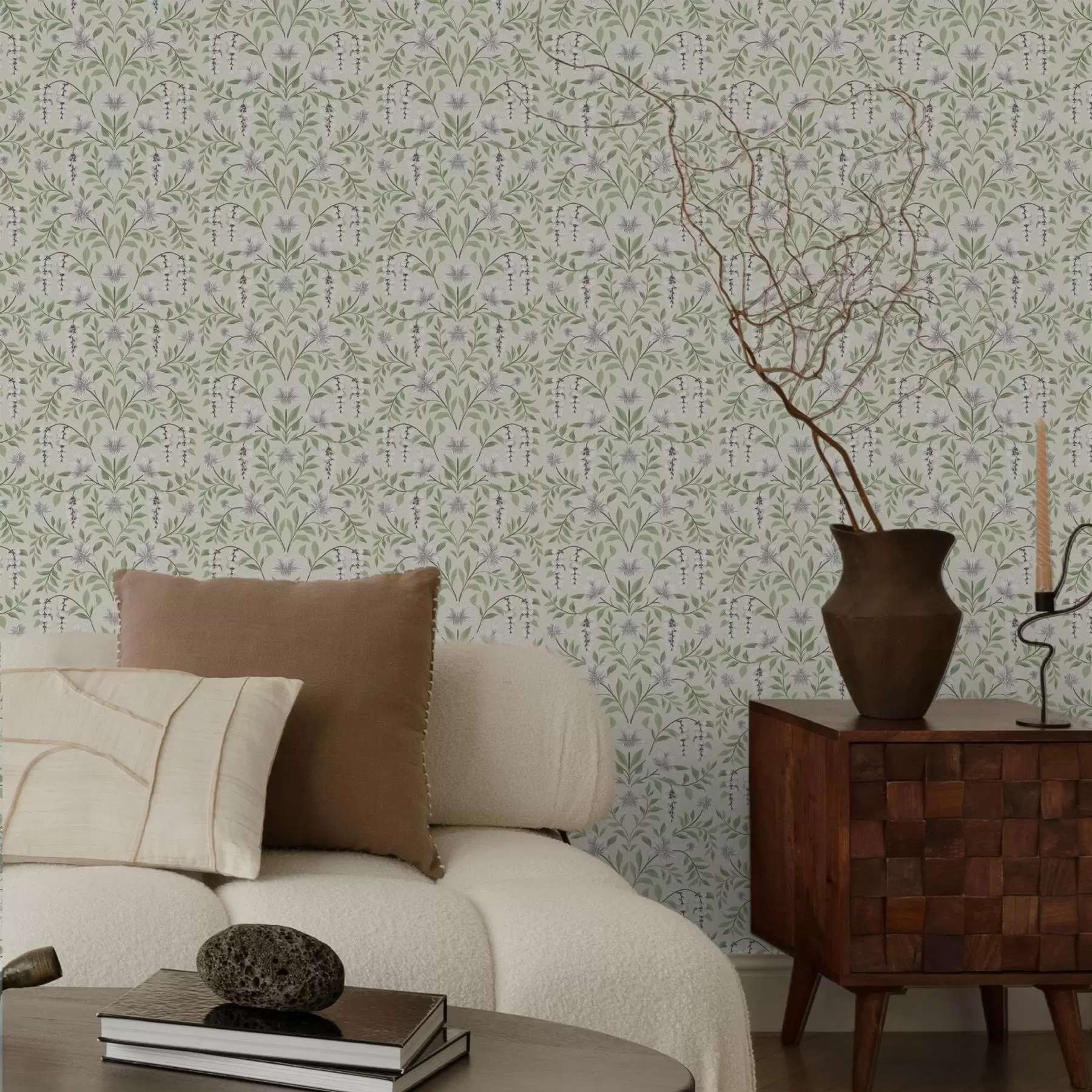 murais de parede Ornamento leve em forma de videira com flores brancas, simétrico a00609