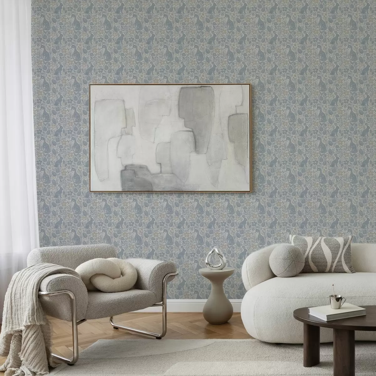 Papel de parede Animais e flores da floresta: raposa e lebre em tons de azul a00613