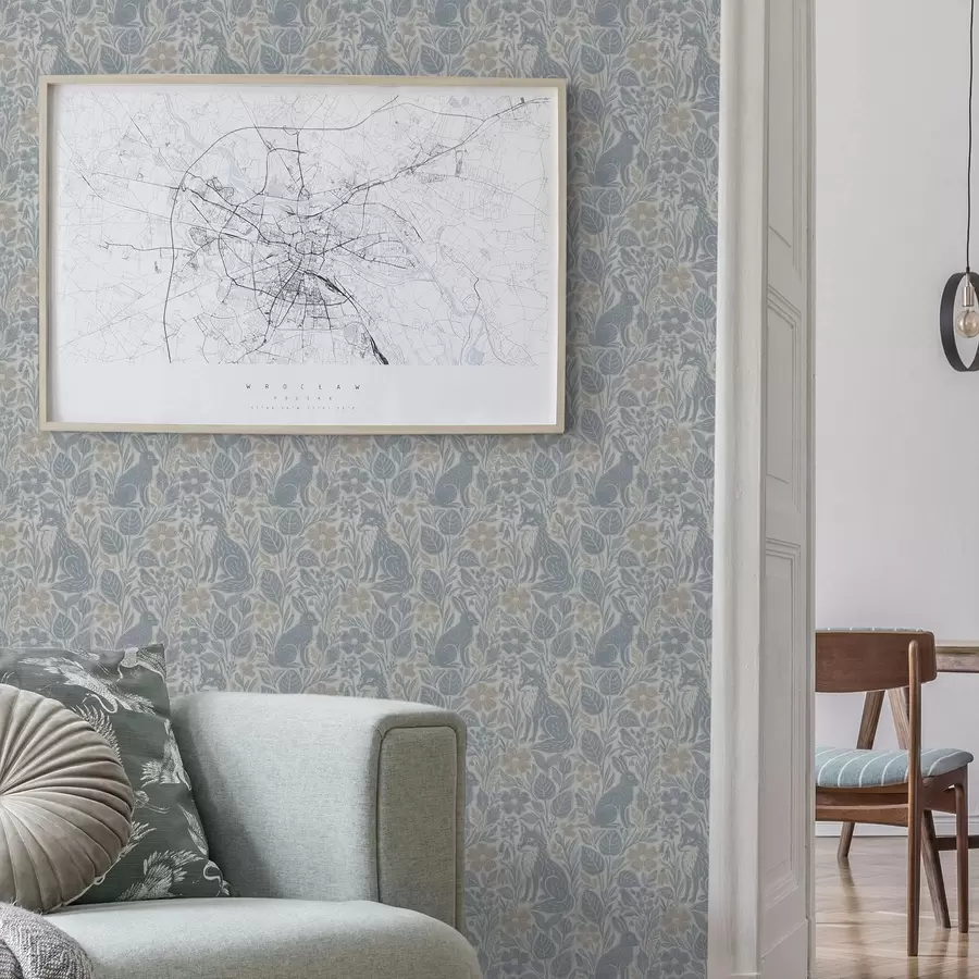 murais de parede Animais e flores da floresta: raposa e lebre em tons de azul a00613