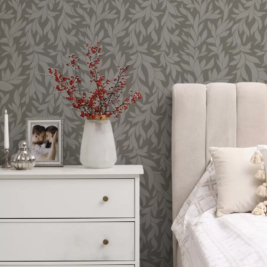 murais de parede Fundo verde-oliva com folhas lilás, textura linear a00616v1