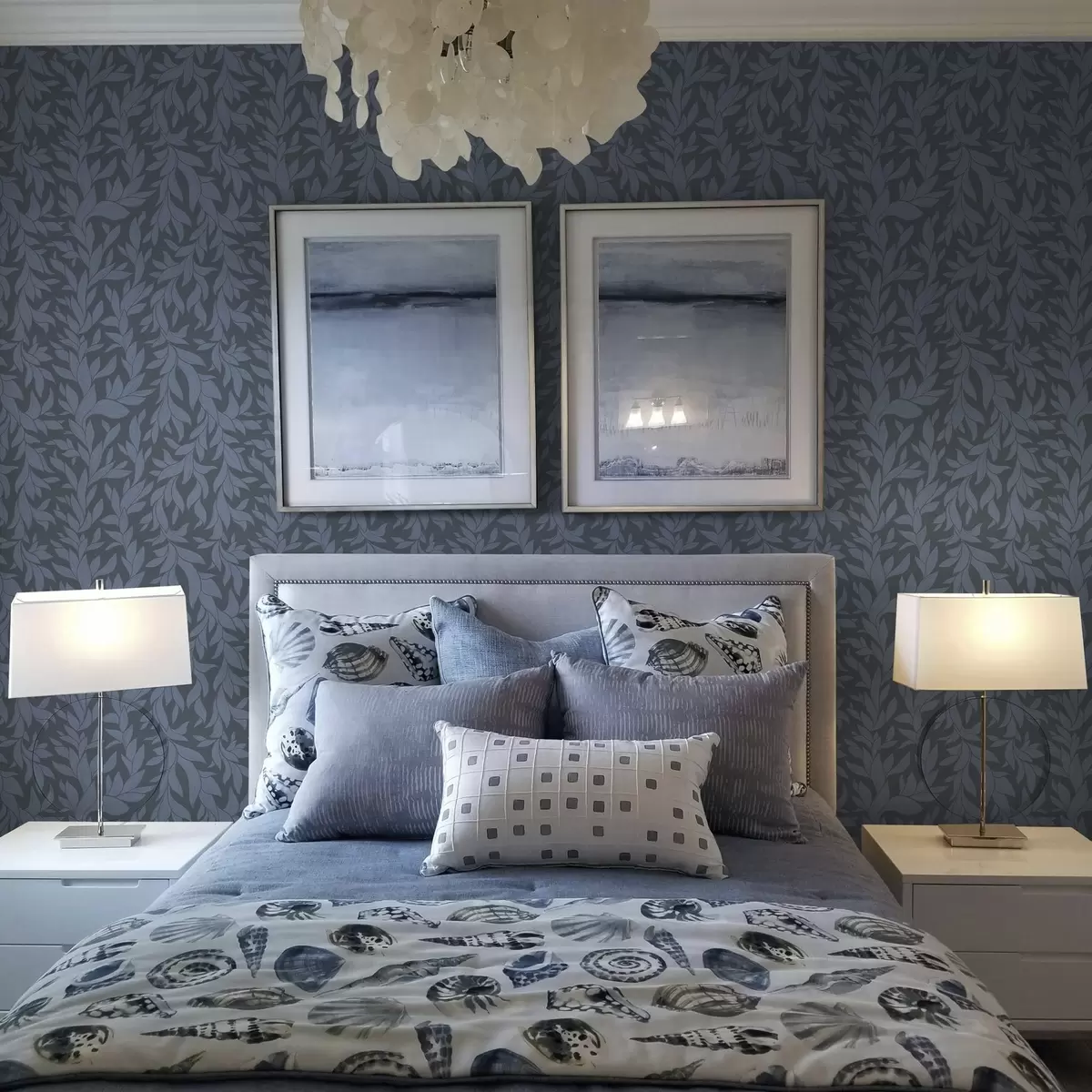 Papel de parede Fundo azul grafite e folhas azuis, traço texturizado a00616v2