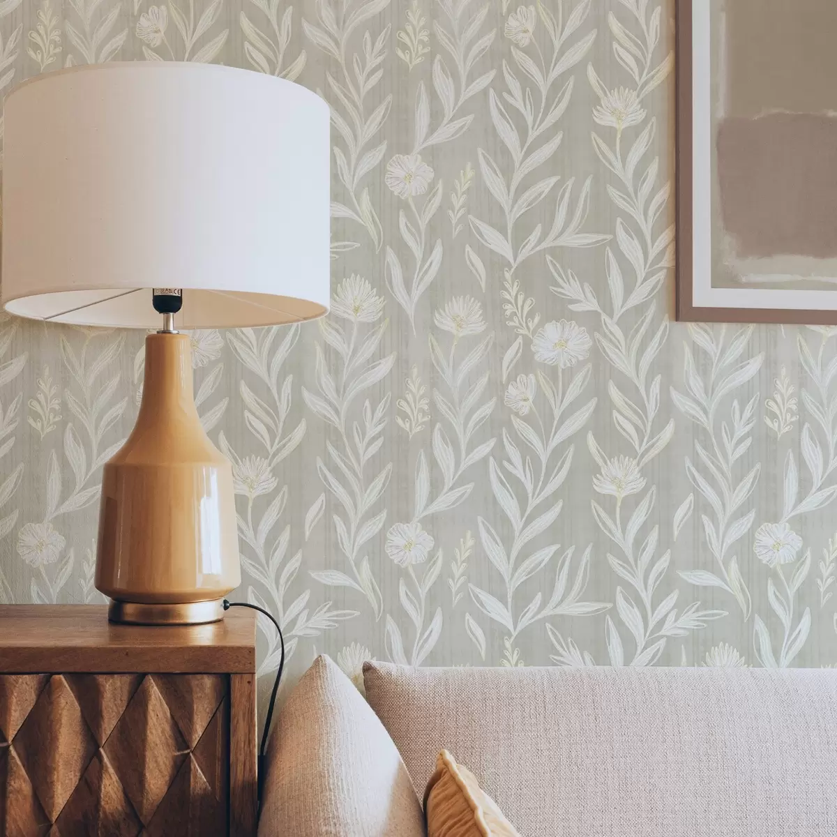 Papel de parede Gramíneas e flores claras sobre fundo bege, linhas esboçadas a00618