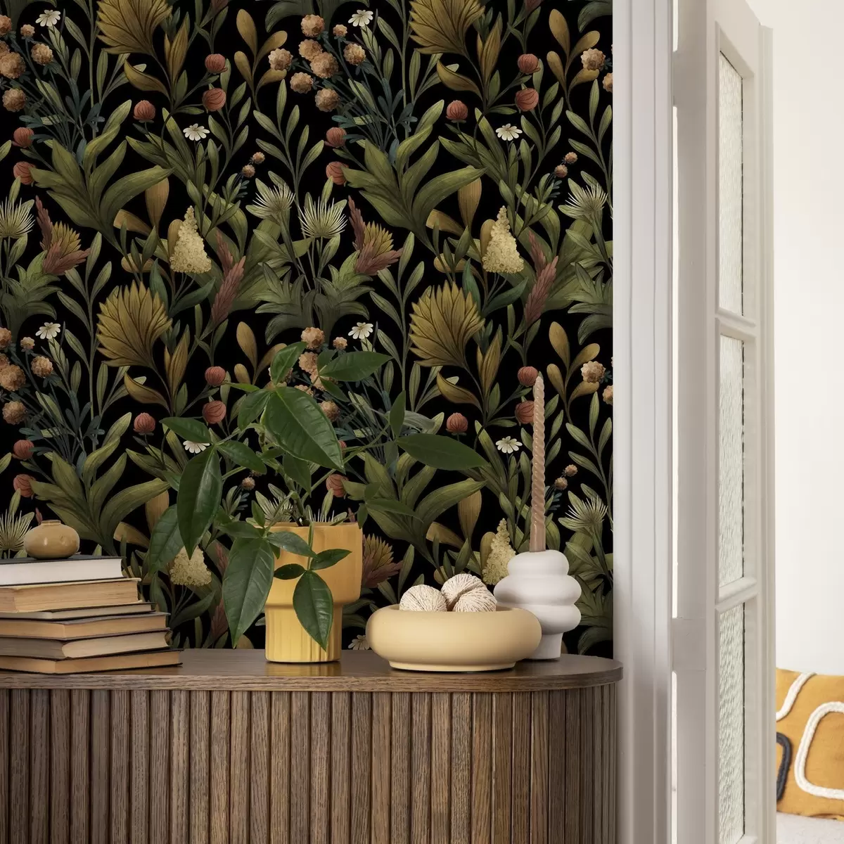 Papel de parede Jardim botânico sobre fundo preto, paleta de cores quentes do outono a00619