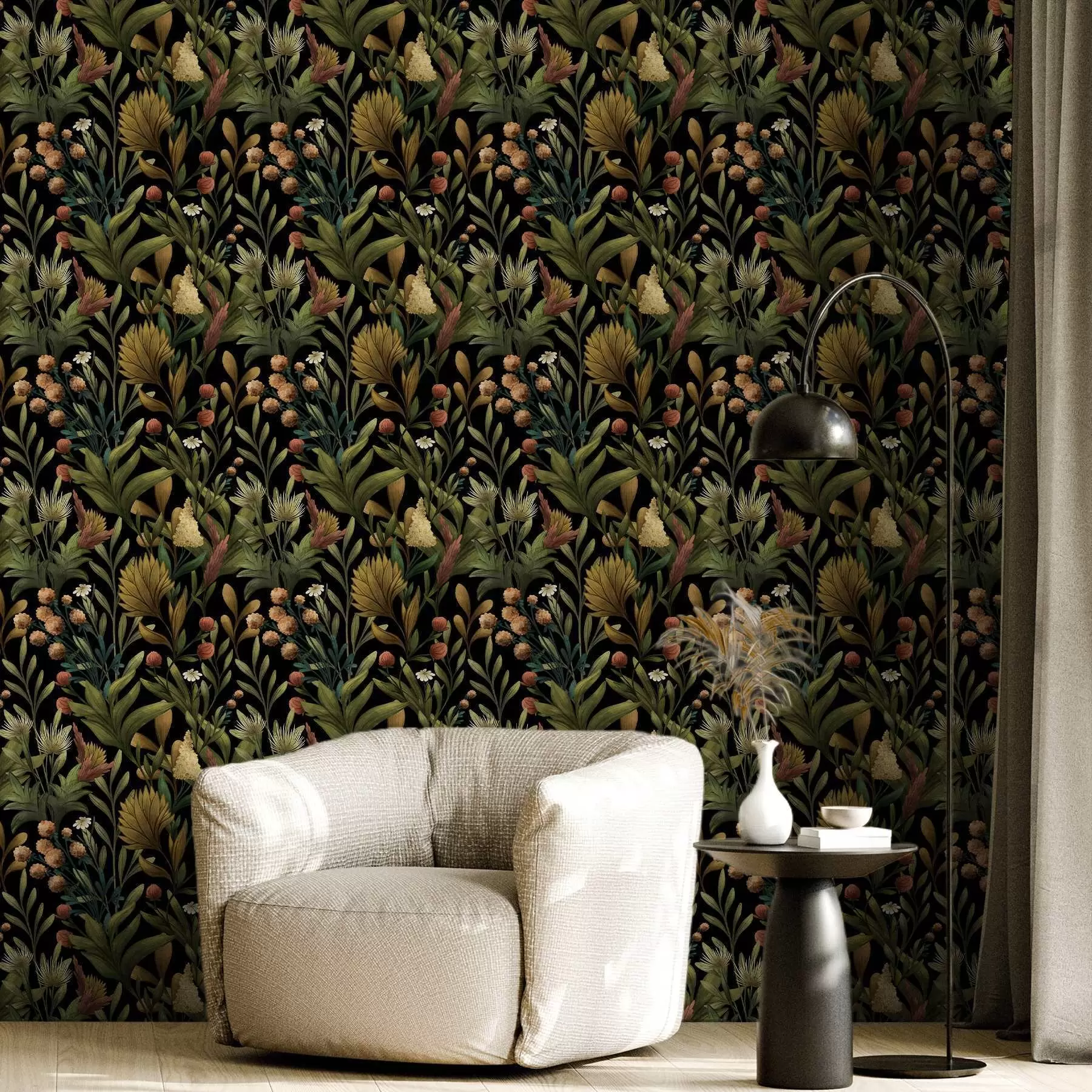 murais de parede Jardim botânico sobre fundo preto, paleta de cores quentes do outono a00619