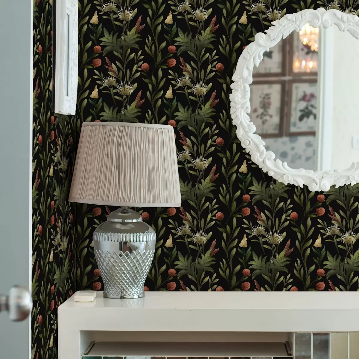 Papel de parede Ervas altas e flores em preto, impressão detalhada a00620