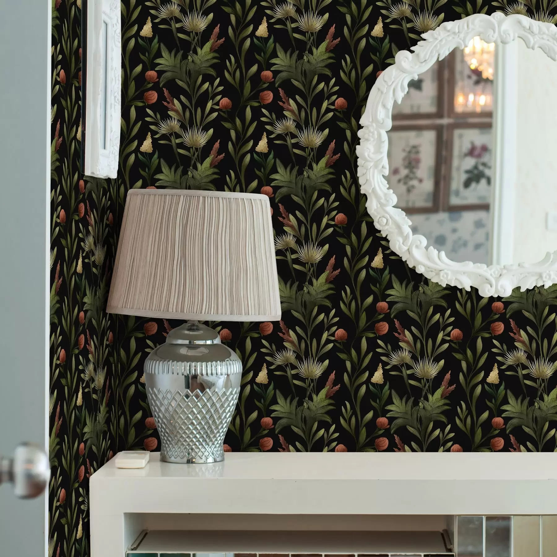 murais de parede Ervas altas e flores em preto, impressão detalhada a00620
