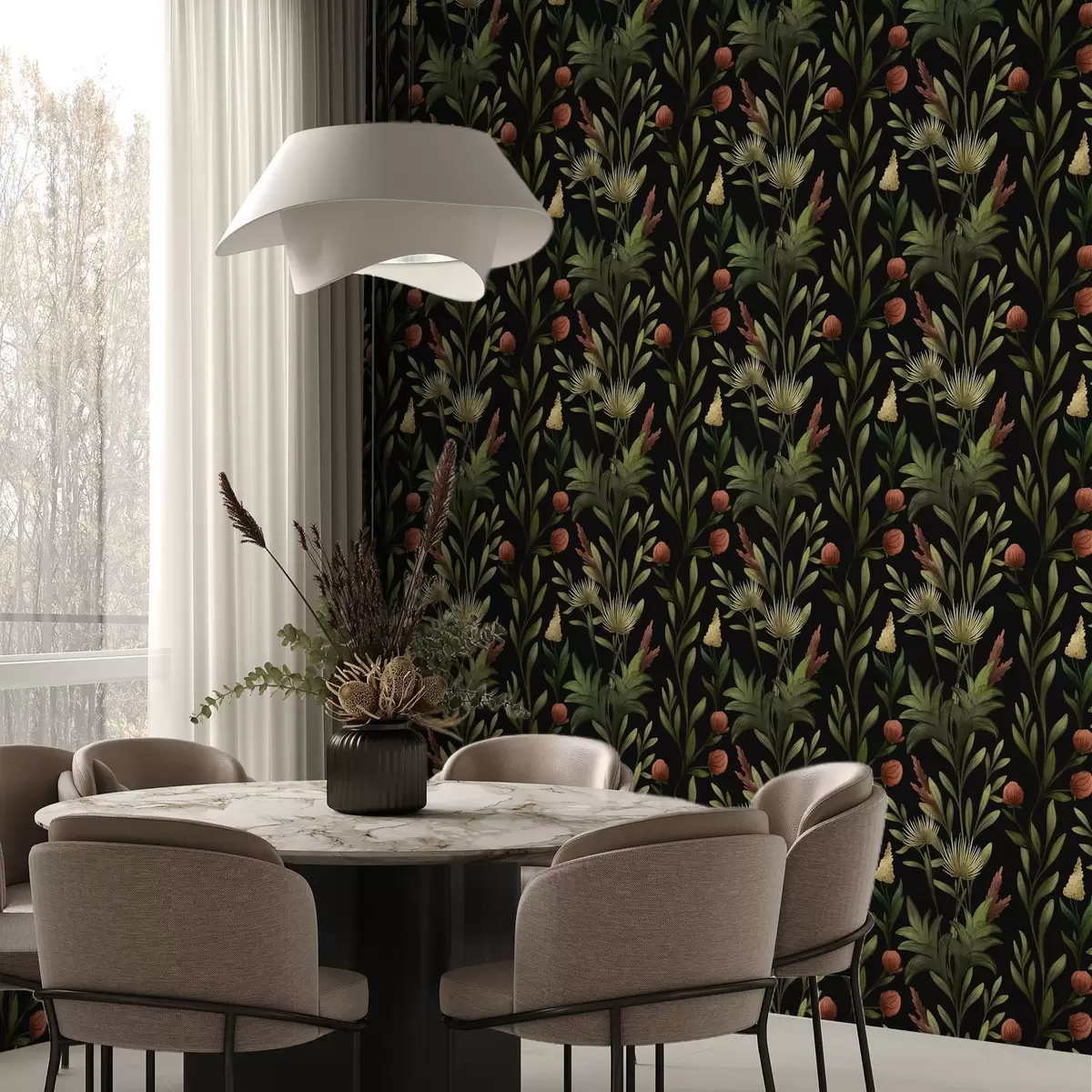 Papel de parede Ervas altas e flores em preto, impressão detalhada a00620