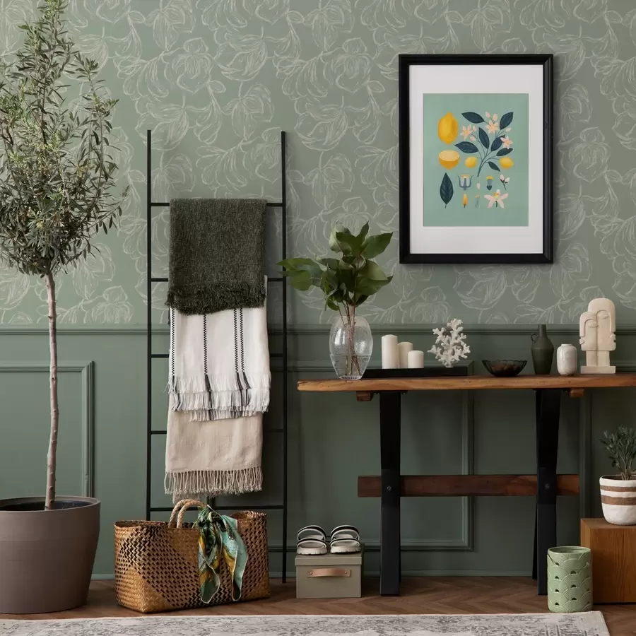 murais de parede Flores grandes lineares, traços a giz sobre fundo salvia a00625v1