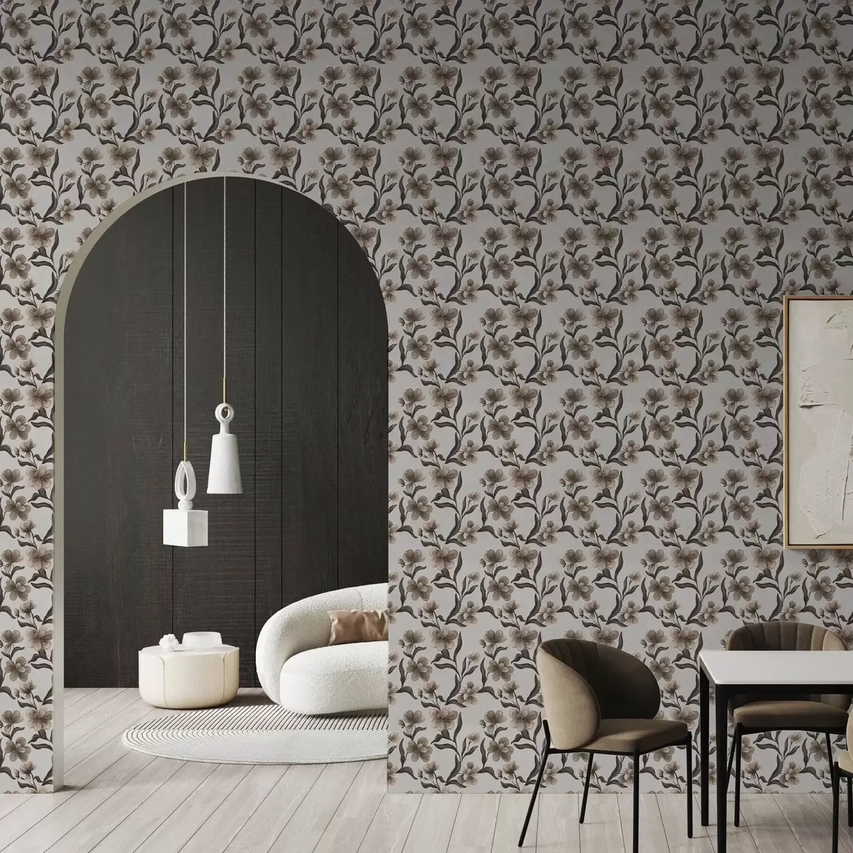 Papel de parede Flores bege e galhos escuros sobre um fundo cinza claro a00626v1