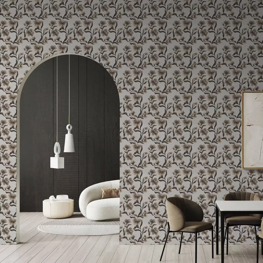 murais de parede Flores bege e galhos escuros sobre um fundo cinza claro a00626v1