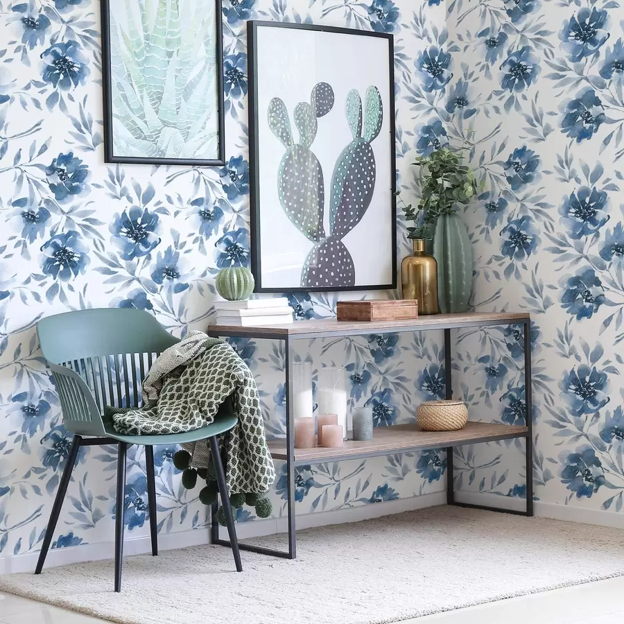 murais de parede Peônias índigo em aquarela sobre fundo branco a00641