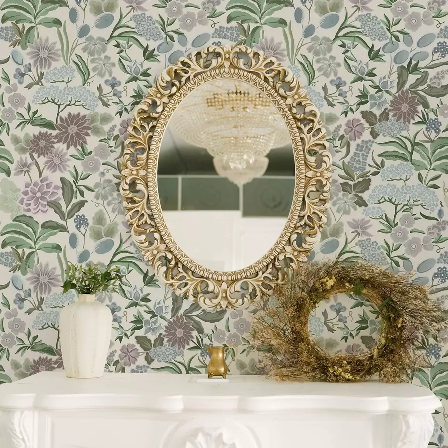 murais de parede Flores e folhagens em tons pastel numa paleta azul menta a00642