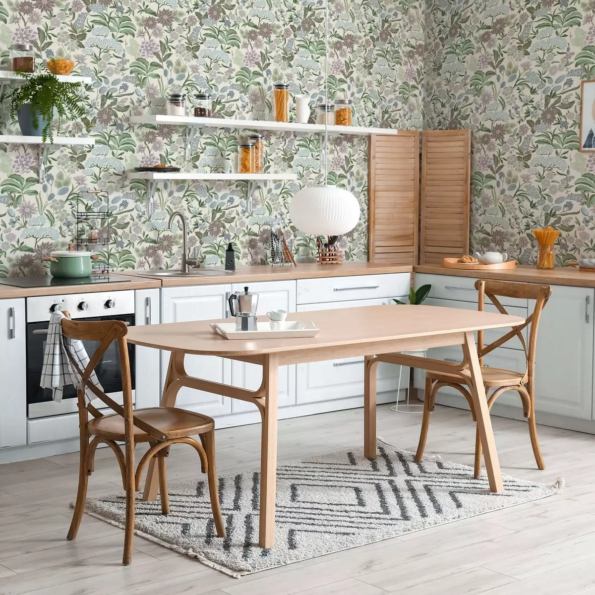 Papel de parede Flores e folhagens em tons pastel numa paleta azul menta a00642