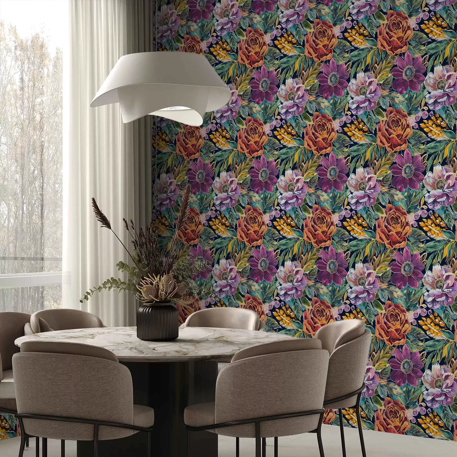 murais de parede Flores grandes e ousadas pintadas com pincel sobre um fundo azul escuro a00643
