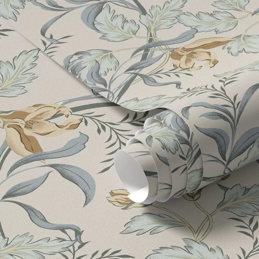 murais de parede Flores vintage com folhagem azul sobre fundo creme a00717