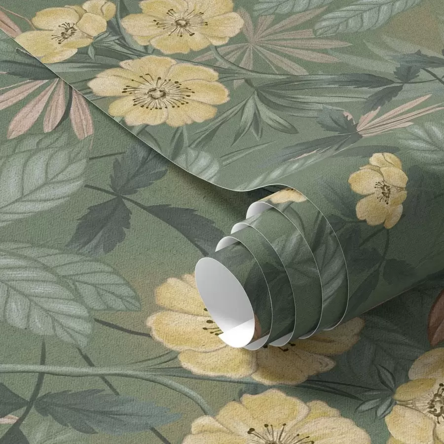 murais de parede Flores amarelas em meio a uma textura de folhas verdes a00718