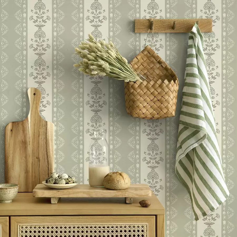 murais de parede Ornamento listrado com colunas florais em tons de salva a00719