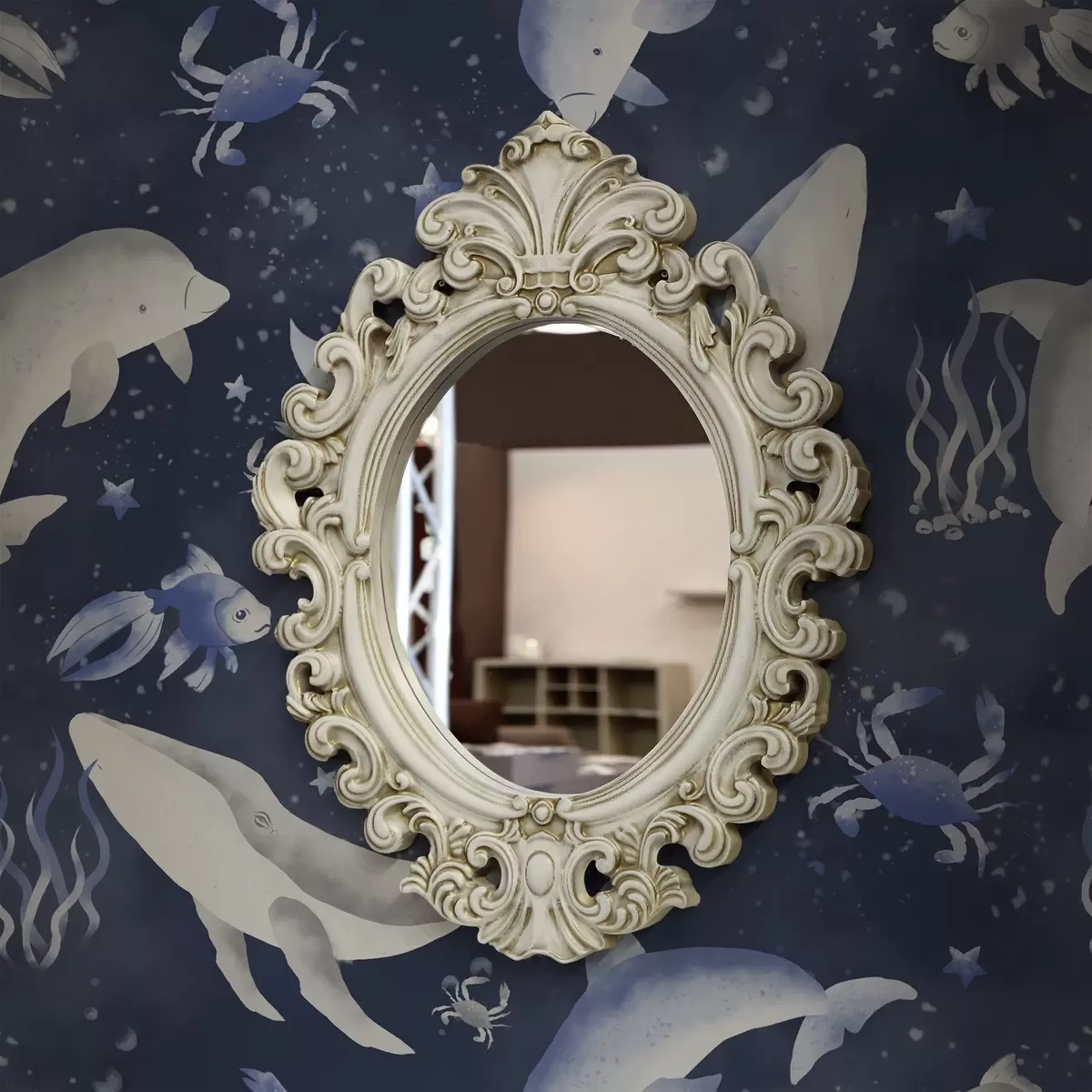 Papel de parede Baleias marinhas, golfinhos e caranguejos sobre um fundo azul escuro a00720