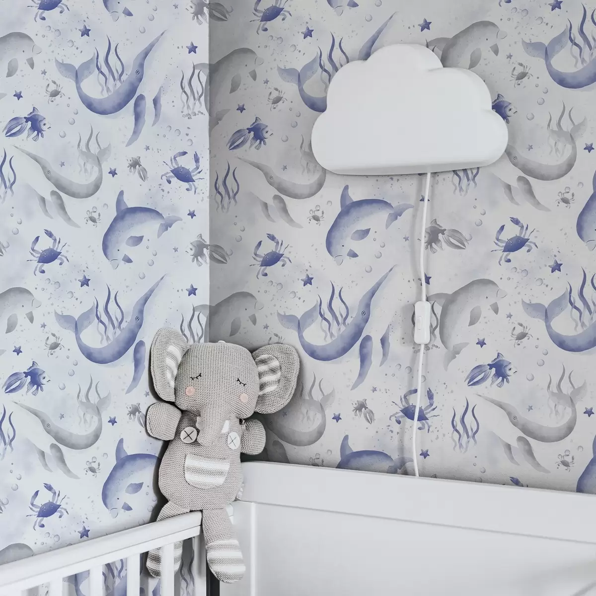 Papel de parede Baleias e golfinhos marinhos em tons de azul sobre fundo branco a00720v1